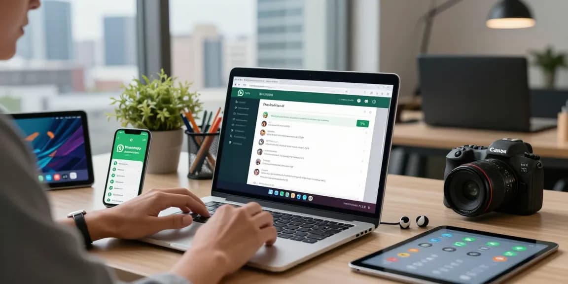 Engaging workspace with WhatsApp網頁版 on laptop, smartphone notifications, and city skyline.