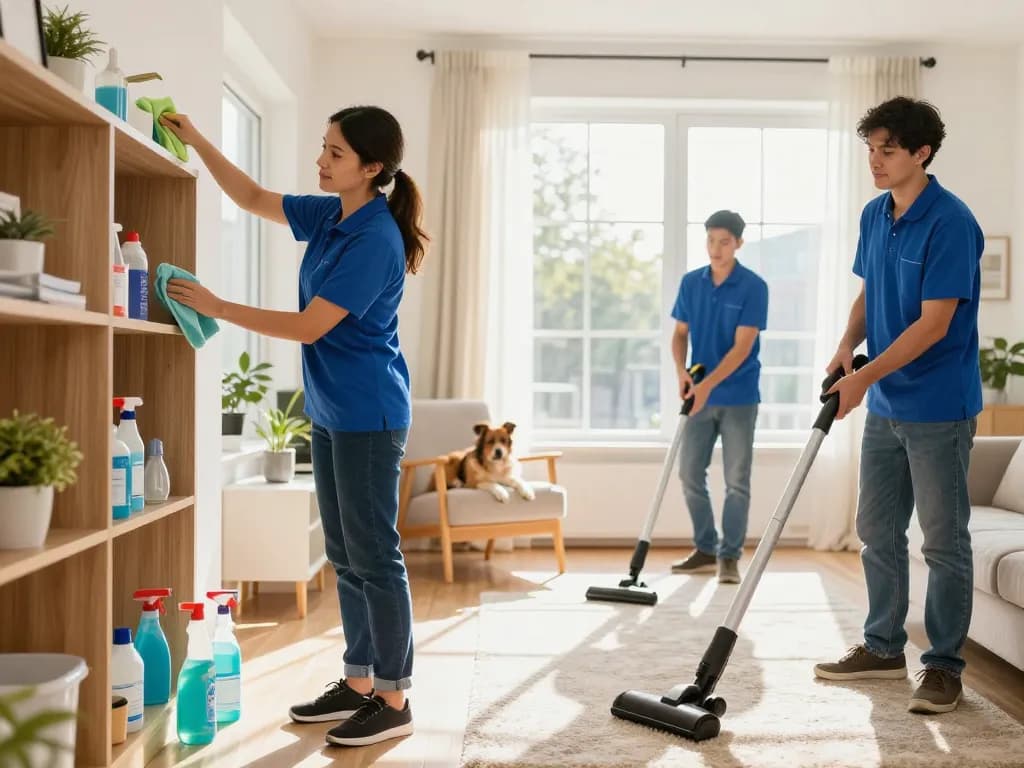 Profesionales del hogar transformando un espacio acogedor con servicios de limpieza y luz del sol que entra.