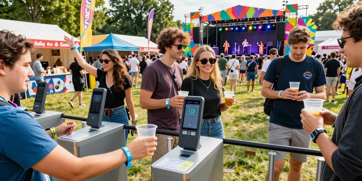 Engaged festival attendees using pulseras NFC para festivales for seamless access and cashless payments.