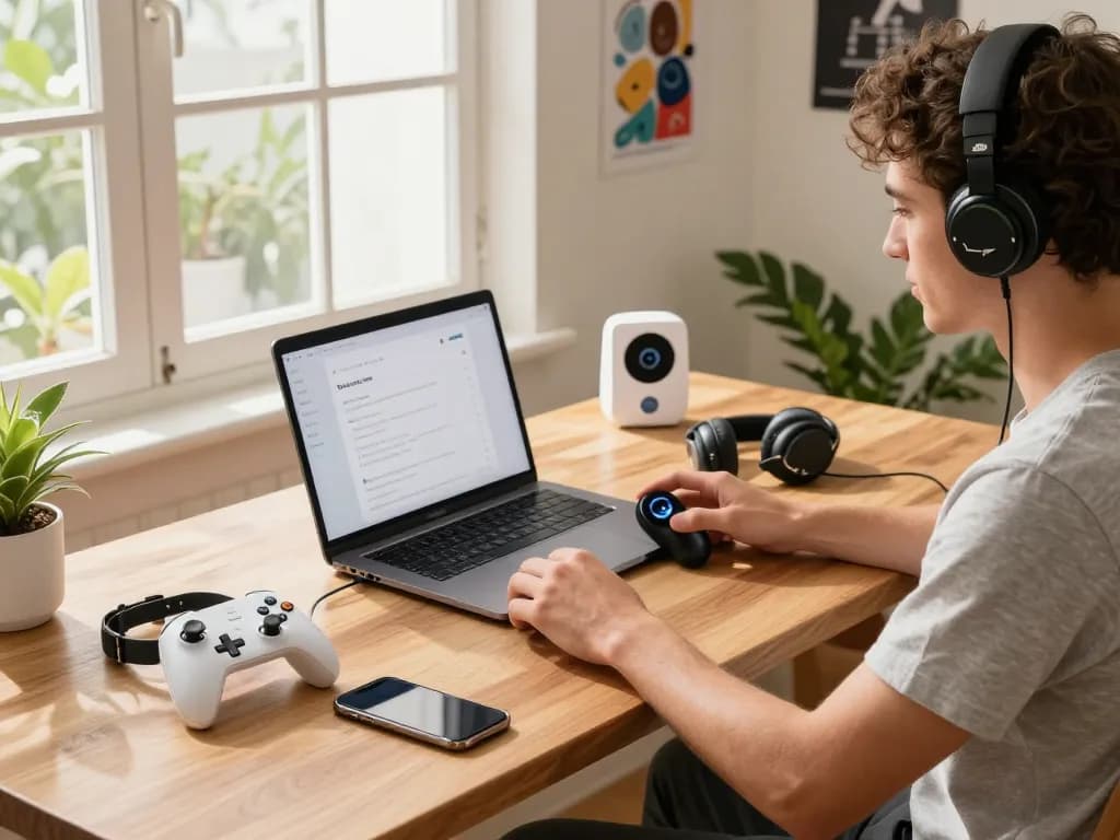 Innovative tech gadgets displayed on a stylish desk, featuring the 8BitDo Ultimate 2 controller and Fitbit Charge 6, showcasing a modern tech lifestyle.