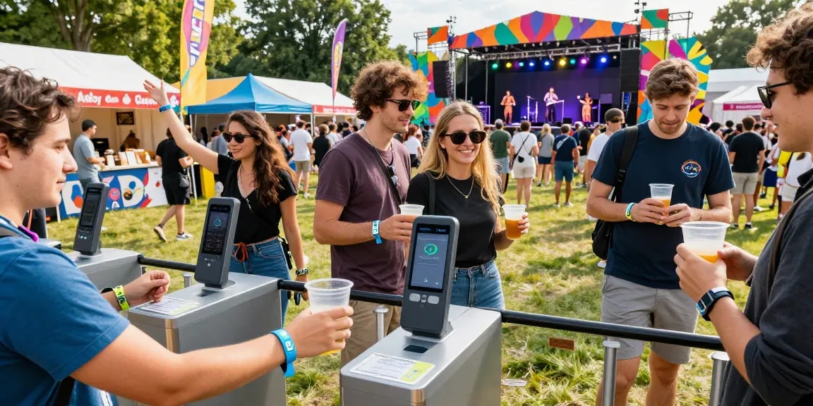 Engaged festival attendees using pulseras NFC para festivales for seamless access and cashless payments.