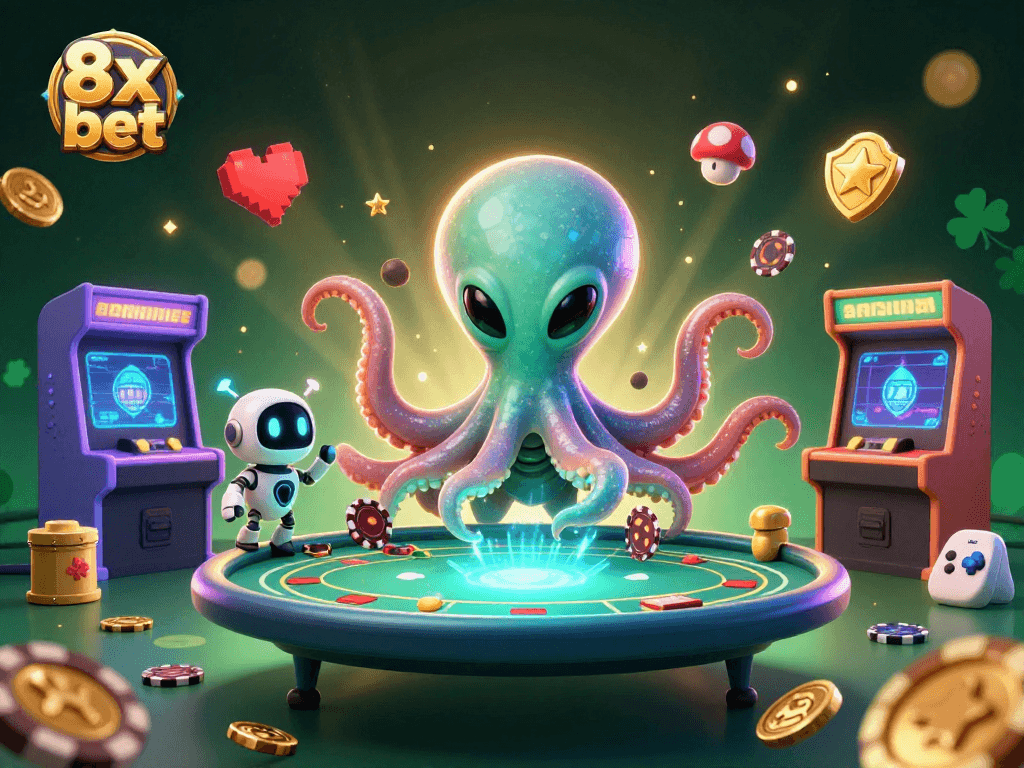 Engage in thrilling action at 8x bet with alien octopus at a holographic poker table amidst vibrant game elements.