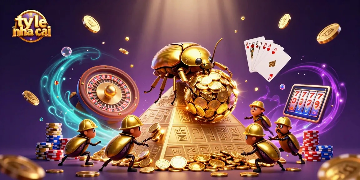 Experience exciting ty le nha cai while watching golden beetles rolling coins and gambling elements.
