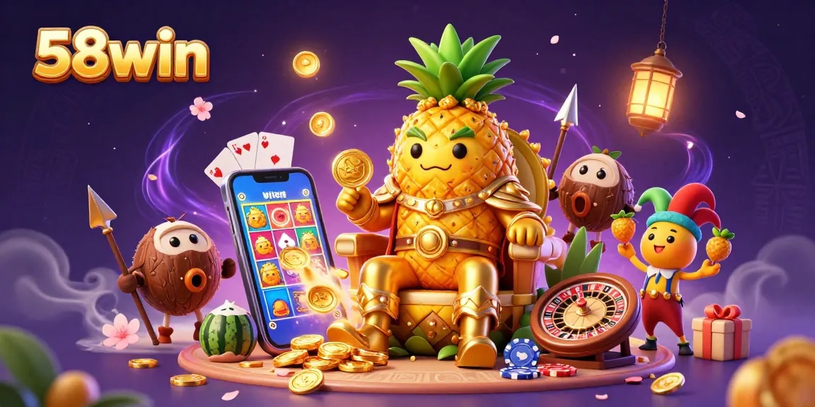 Spin the reels at 58win with colorful slot games amid a vibrant beach casino scene.