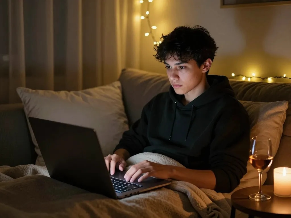 Engaging in NSFW chat on a laptop in a cozy, intimate room atmosphere.