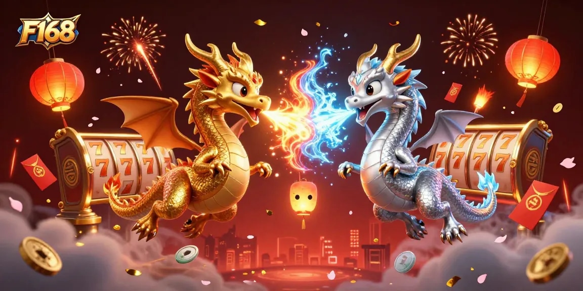 Engage with F168's vibrant gaming atmosphere featuring dragons and dynamic slot reels.