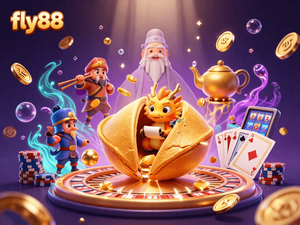 Experience exciting gaming with fly88 through a vibrant scene of slot reels and bonuses.
