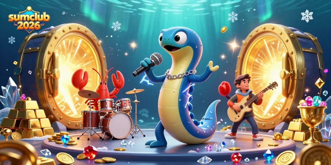 Experience the excitement of sumclub 2026 as the DJ eel, lobster drummer, and seahorse guitarist rock an underwater casino stage.