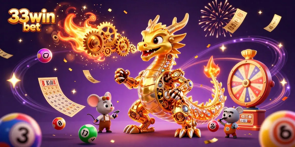 Experience 33win bet excitement with vibrant lottery elements and a golden dragon in a dynamic casino scene.