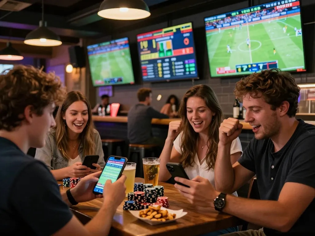 Watching keo nha cai hom nay and placing bets with excitement in a vibrant sports bar setting