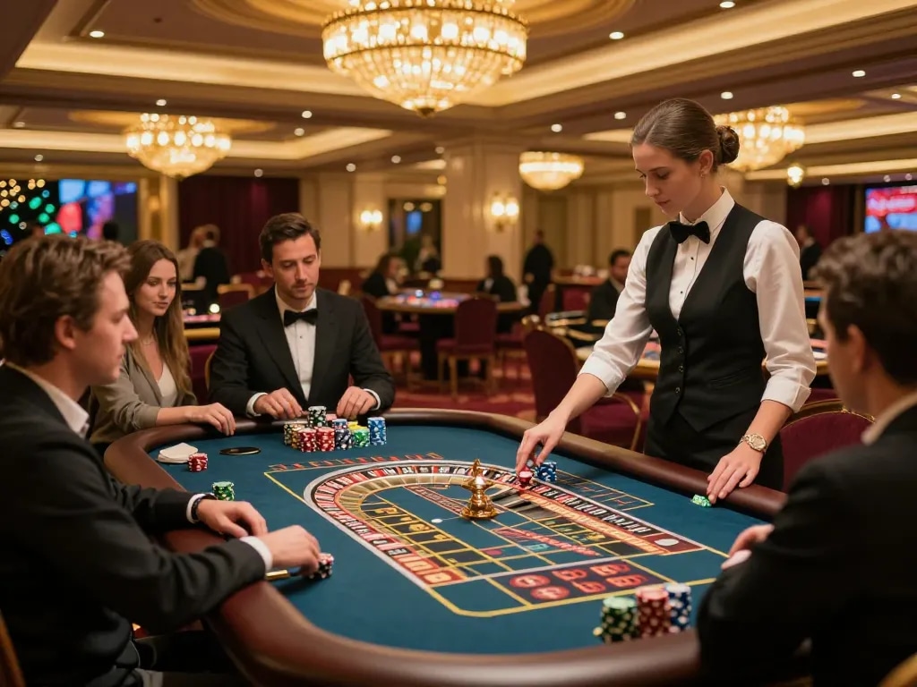 Watch players strategize at the roulette table in a vibrant 78wind casino scene.