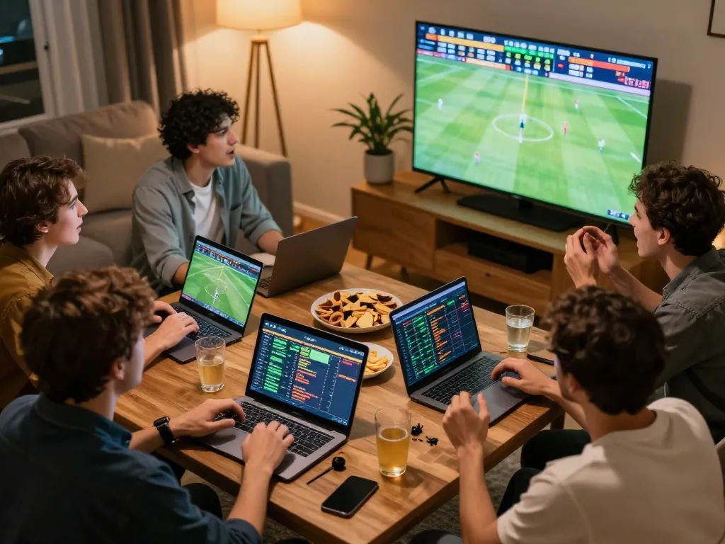 Engaged friends enjoying fly 88 sports betting together at home with excitement visible.