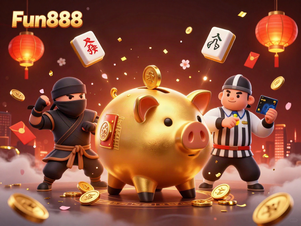 Experience Fun888 with a lively scene of a sumo wrestler and ninja surrounded by golden symbols and festive elements.