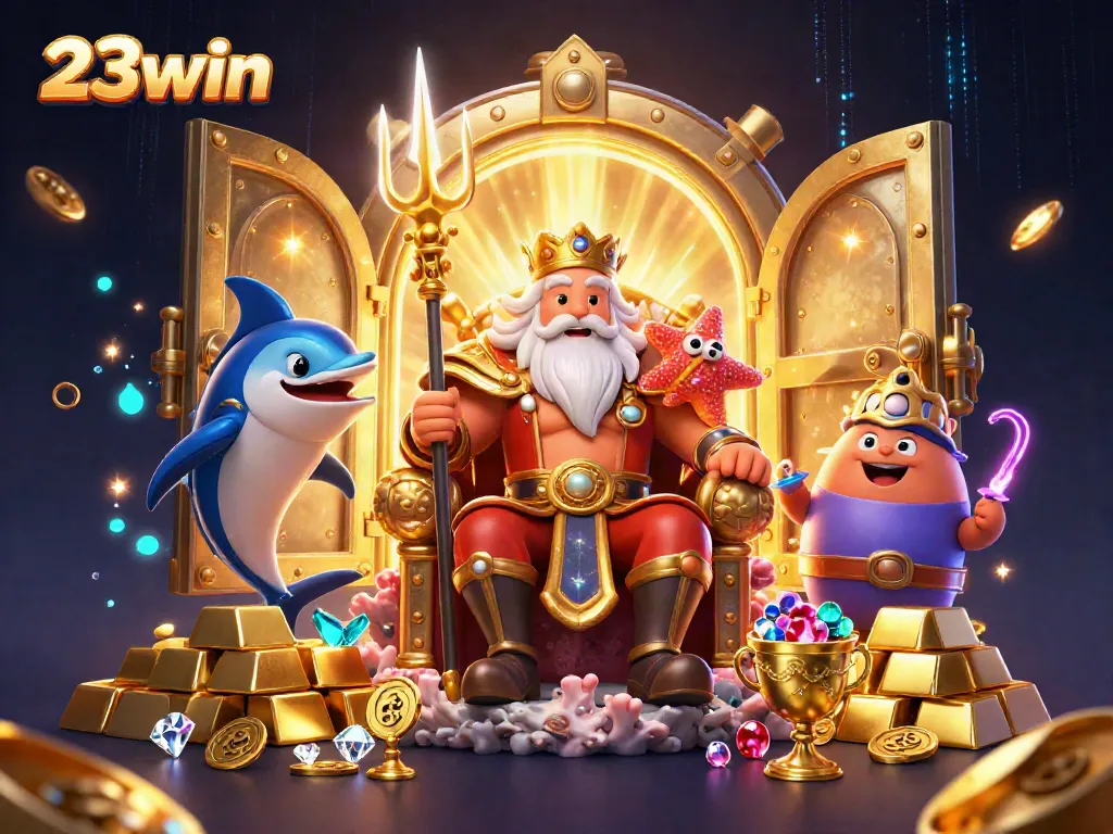 Play and win exciting games at 23win, showcasing a vibrant casino scene with treasure and characters.