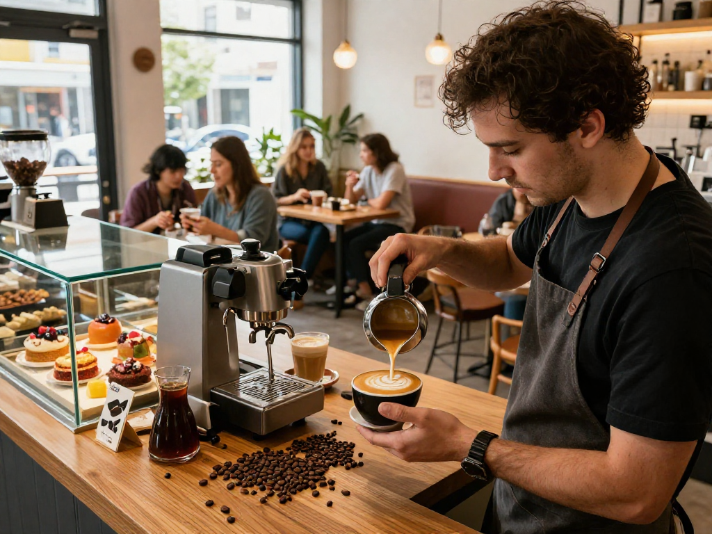 Barista creating stunning latte art with rokok 88 coffee beans in a vibrant café.