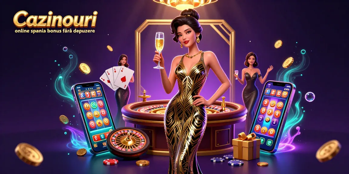 Cazinouri online spania bonus fără depunere, showcasing an elegant Asian woman in a casino scene with slot games and roulette elements.