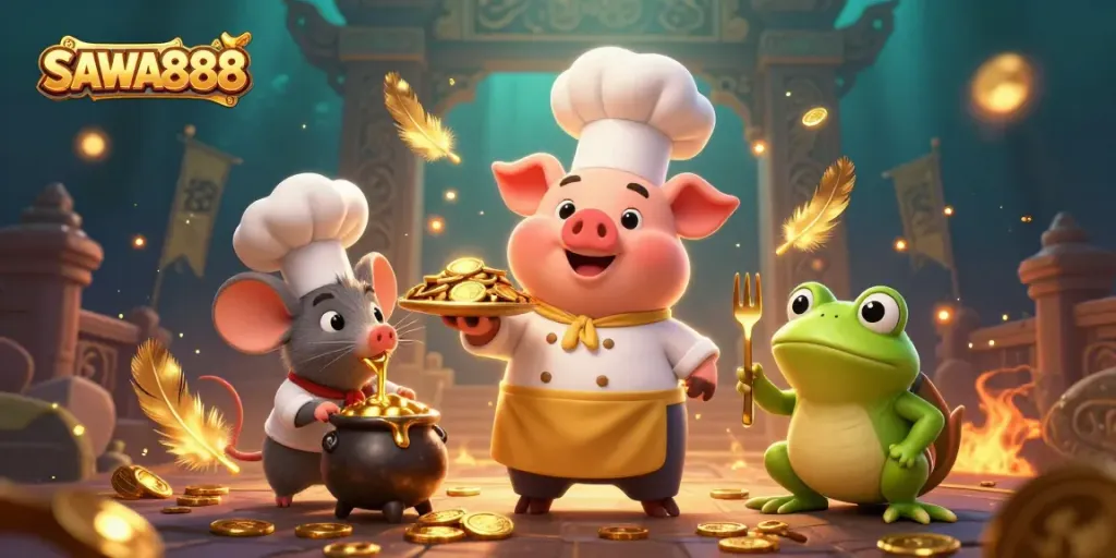 Experience the excitement of SAWA888 with a 3D chef pig serving gold coins in a vibrant casino setting.