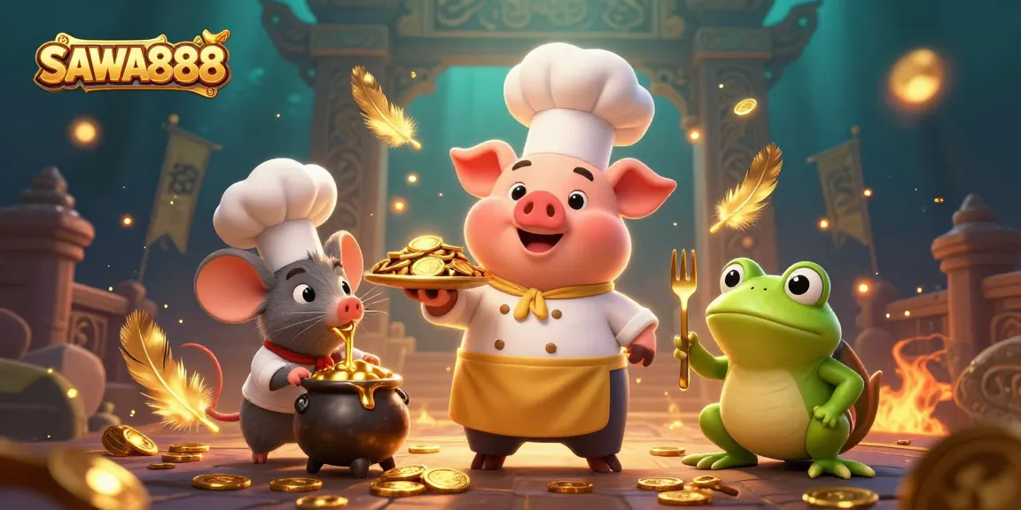 Experience the excitement of SAWA888 with a 3D chef pig serving gold coins in a vibrant casino setting.