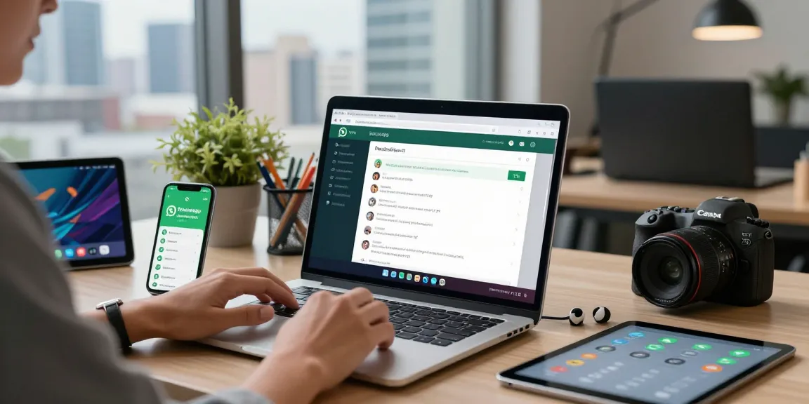 Engaging workspace with WhatsApp網頁版 on laptop, smartphone notifications, and city skyline.