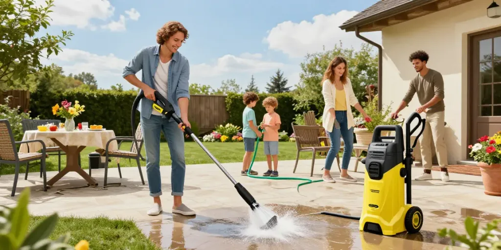 Ofertas de Black Friday Kärcher para limpieza de patio con familia disfrutando del aire libre.