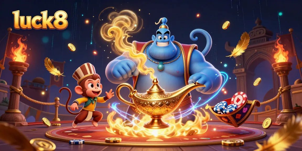 Experience excitement with luck8 featuring a genie and poker chips in a vibrant casino illustration.