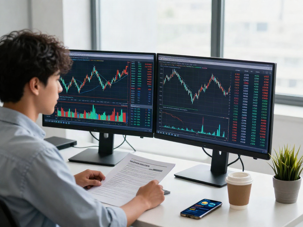 Un joven analista de finanzas que observa el btc a dolar en su oficina moderna.