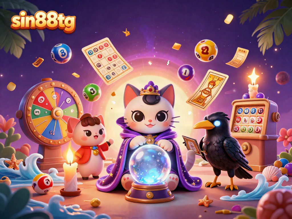 Experience the magic of sin88tg with a mystical 3D fortune teller scene full of vibrant casino elements.