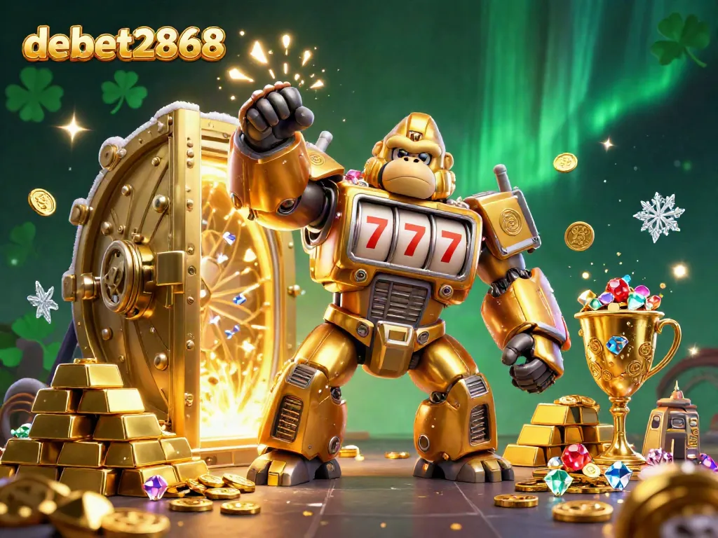 Experience the excitement at debet2868 with a dynamic 3D illustration showcasing a golden gorilla mech in a vibrant casino setting.