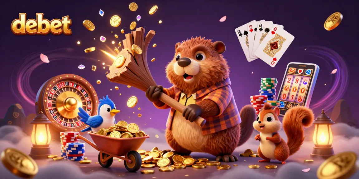 Experience the thrill of debet as the lumberjack beaver chops a coin-raining tree in a vibrant casino scene.
