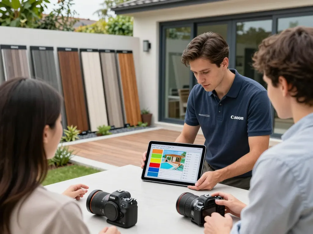 Experiencia interactiva del cliente con software para instaladores de verandas en un jardín, mostrando personalización y diseño en tiempo real.