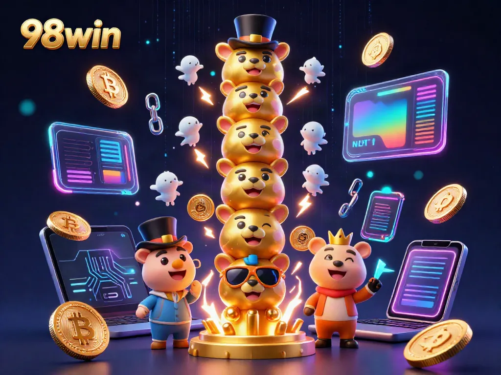 Engage in thrilling games with 98win, depicted in a vibrant 3D scene showcasing a golden totem and crypto coins.