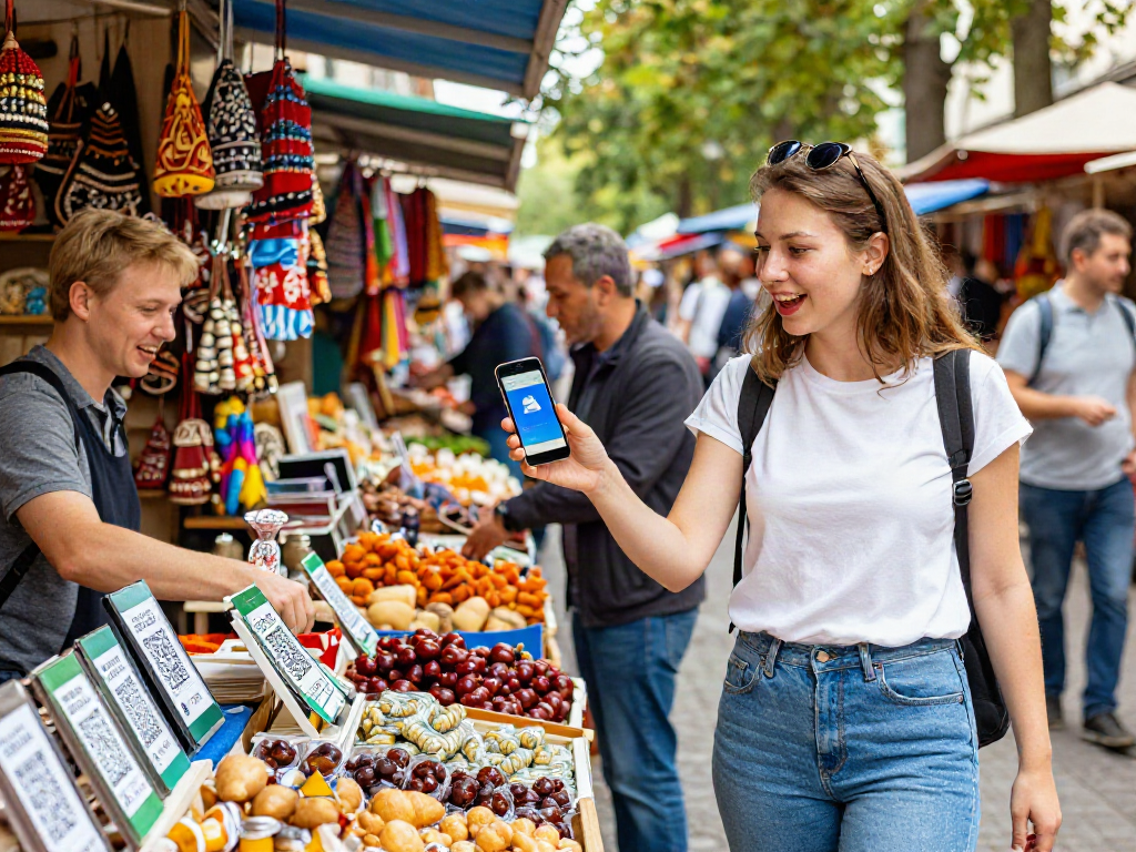 La turista utiliza https://payinrussia.com/ para comprar en un mercado ruso, rodeada de vibrantes puestos y coloridos productos locales.
