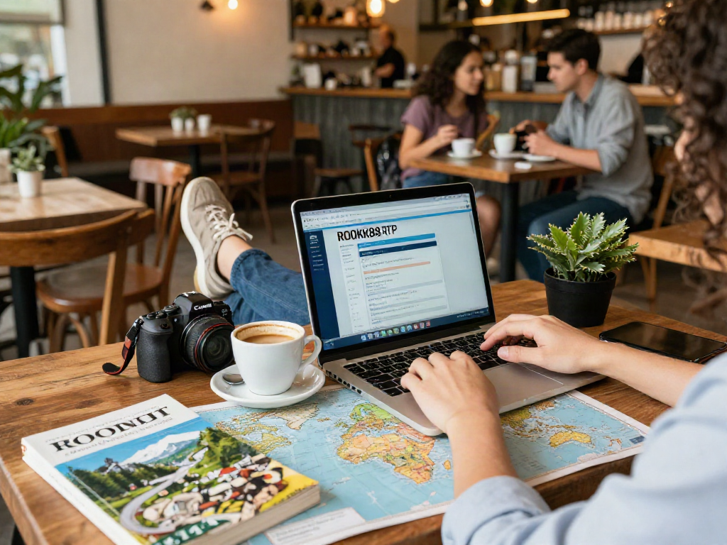 Exploring rokok88 rtp options in a cozy café environment with travel guides and a warm atmosphere.