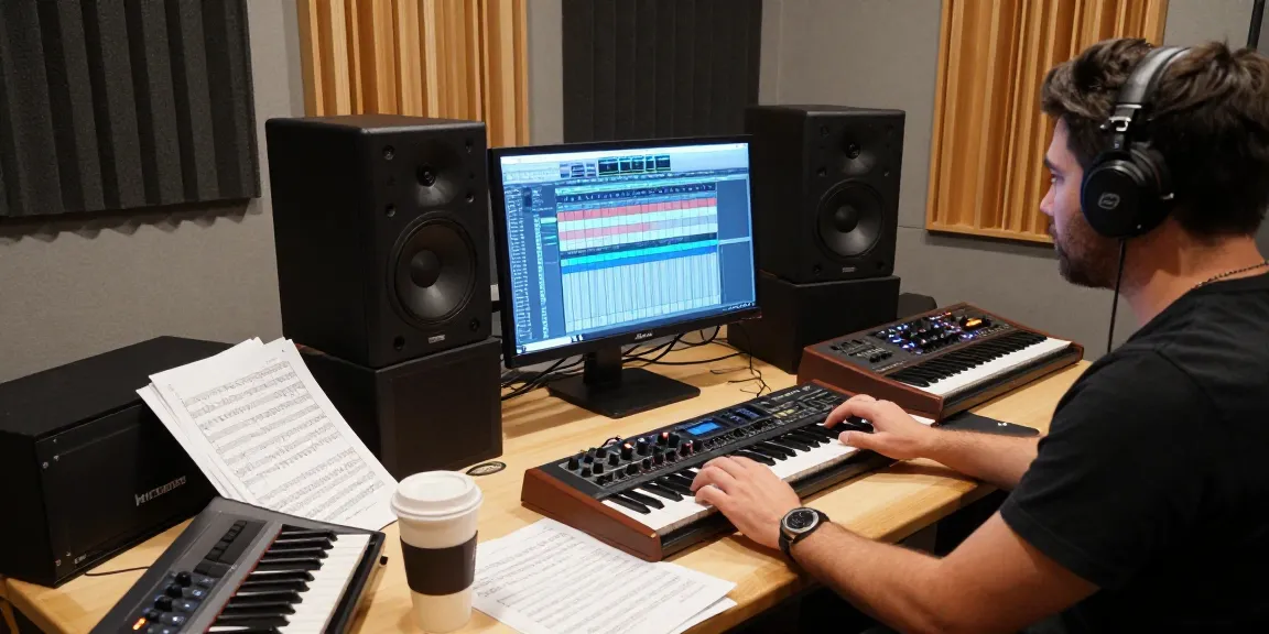 Engineer using SC88 sound module in a vibrant music studio.