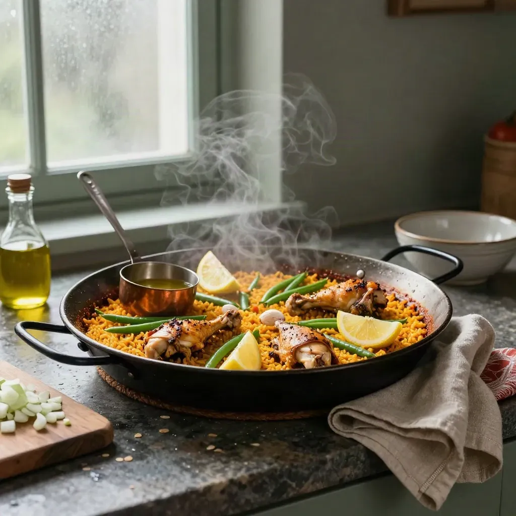 Paella casera humeante con pollo, judías verdes, limón y aceite sobre encimera de piedra mojada.