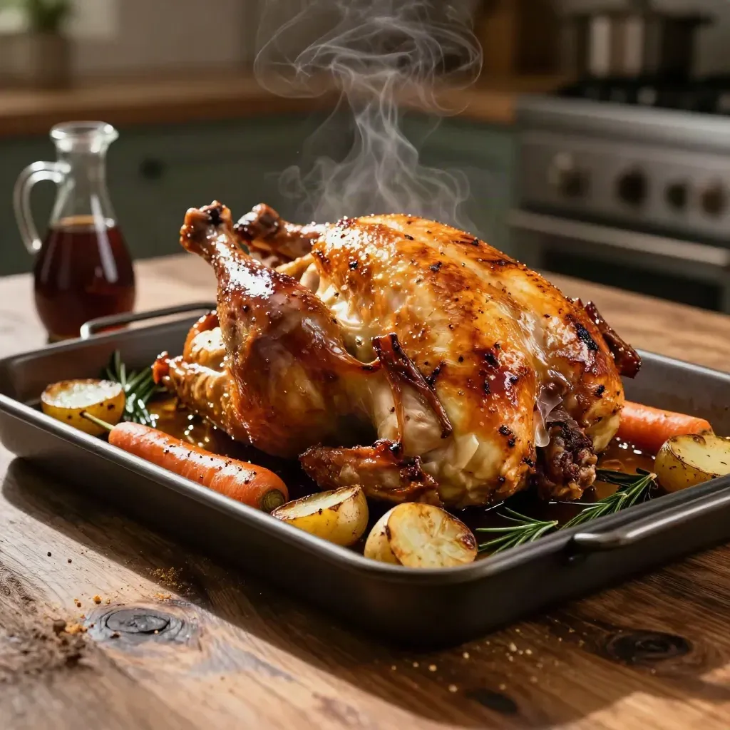Pollo asado trinchado en bandeja oscura con patatas, zanahorias y romero sobre mesa rústica