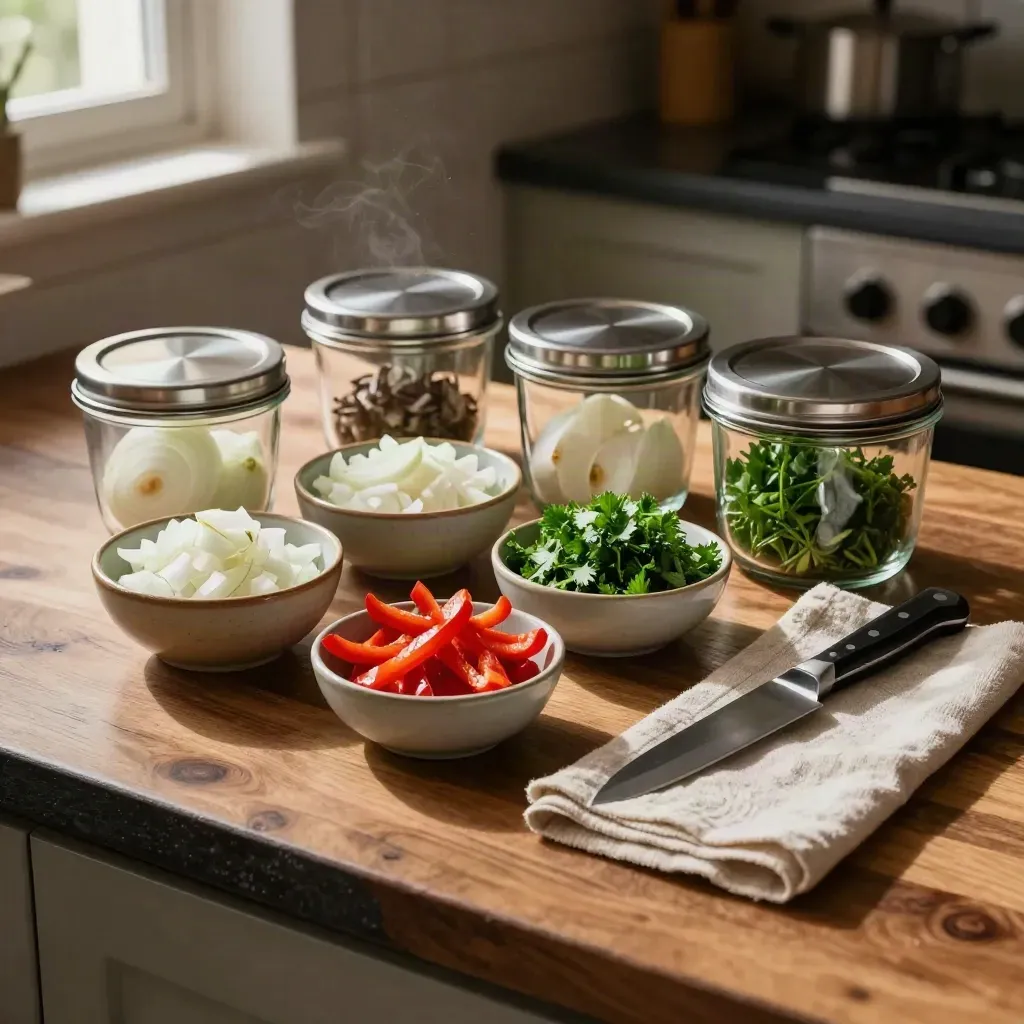Vista cenital de mise en place con cebolla, pimiento, hierbas y cuchillo sobre encimera cálida.