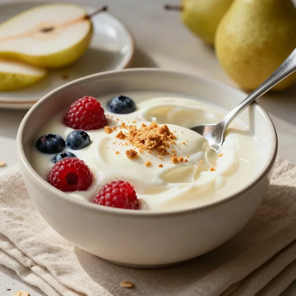 Crema de yogur con frutos rojos, galleta triturada y pera laminada en un bol de travertino.