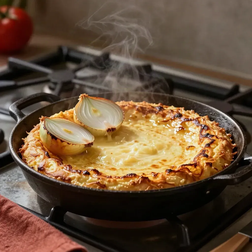 Tortilla española dorada en sartén de hierro, con cebolla y vapor suave.