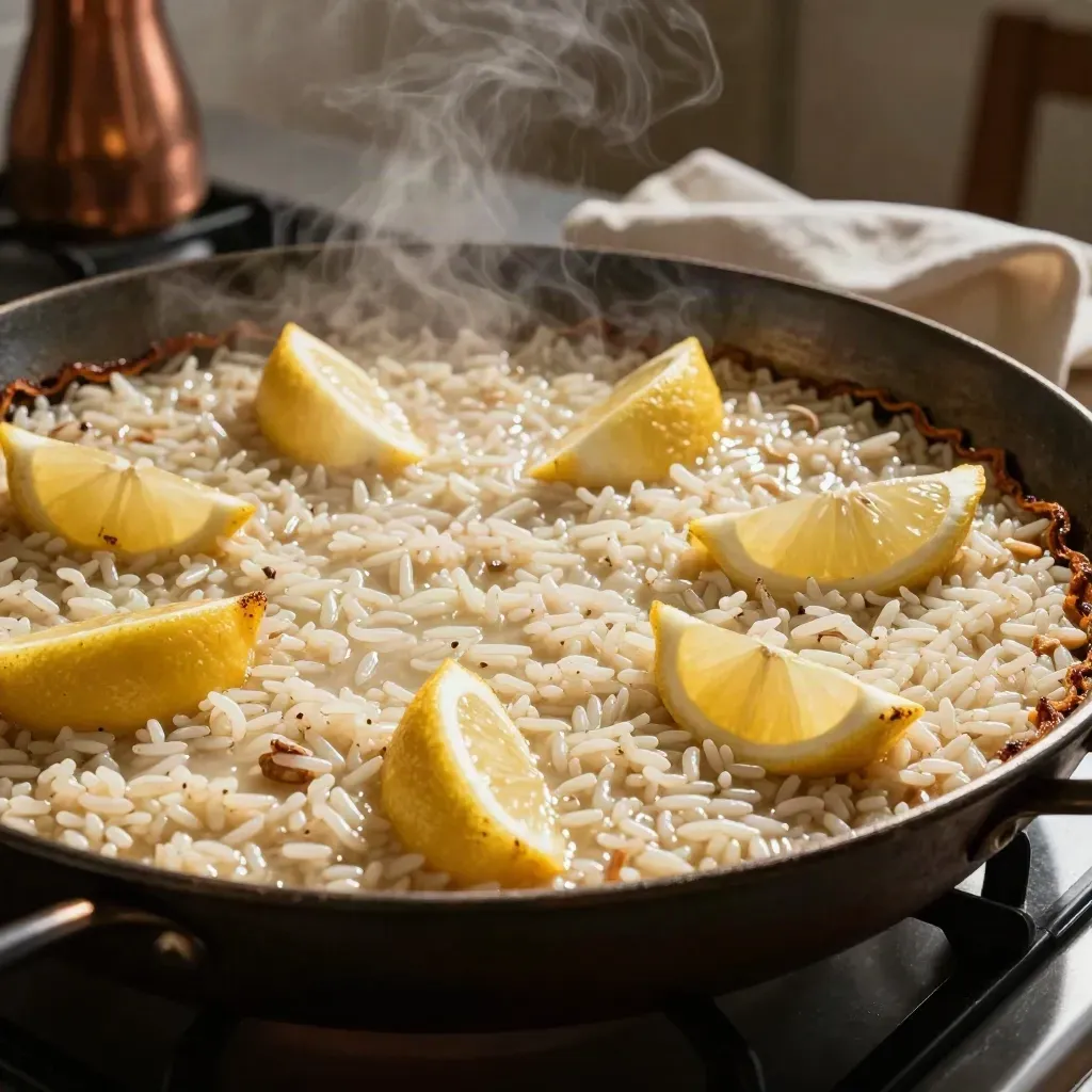Paellera de arroz brillante con limón y borde tostado, bajo vapor en una cocina oscura.