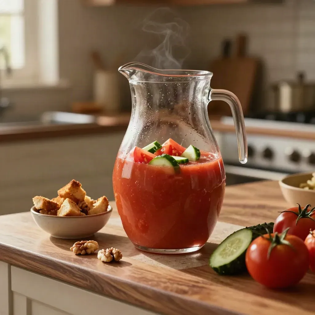 Jarra de gazpacho con tomates, pepino y picatostes en una encimera de cocina