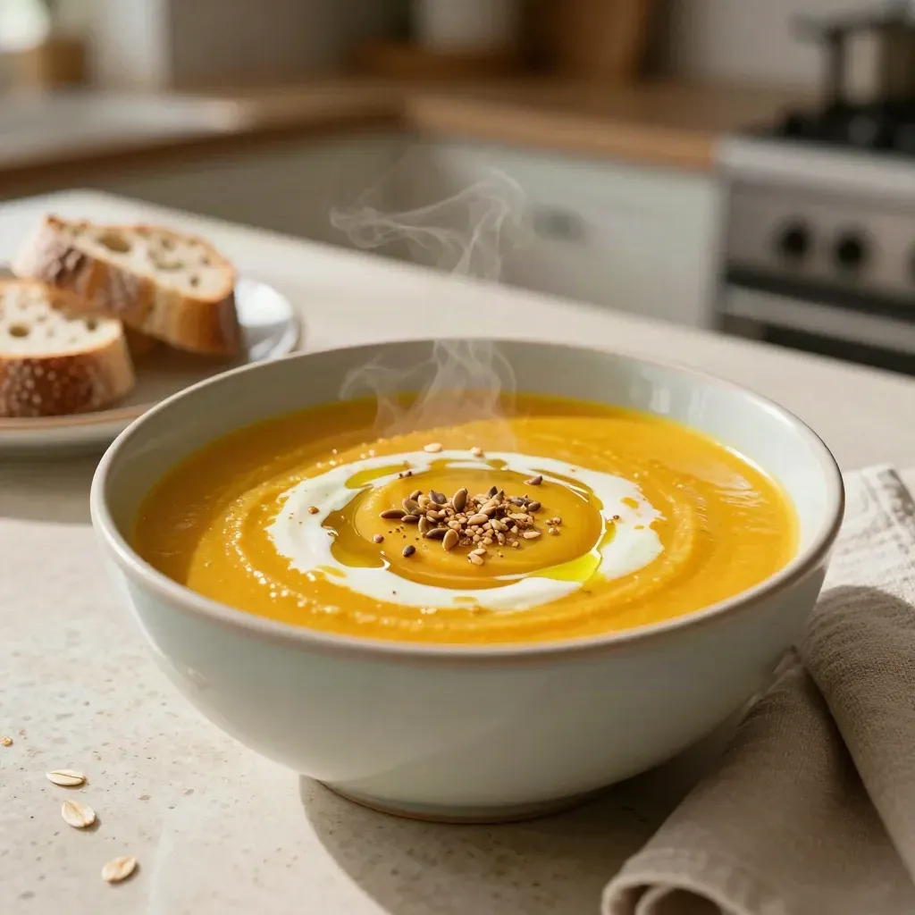Crema de calabaza humeante con semillas tostadas, nata y pan en un plato lateral.