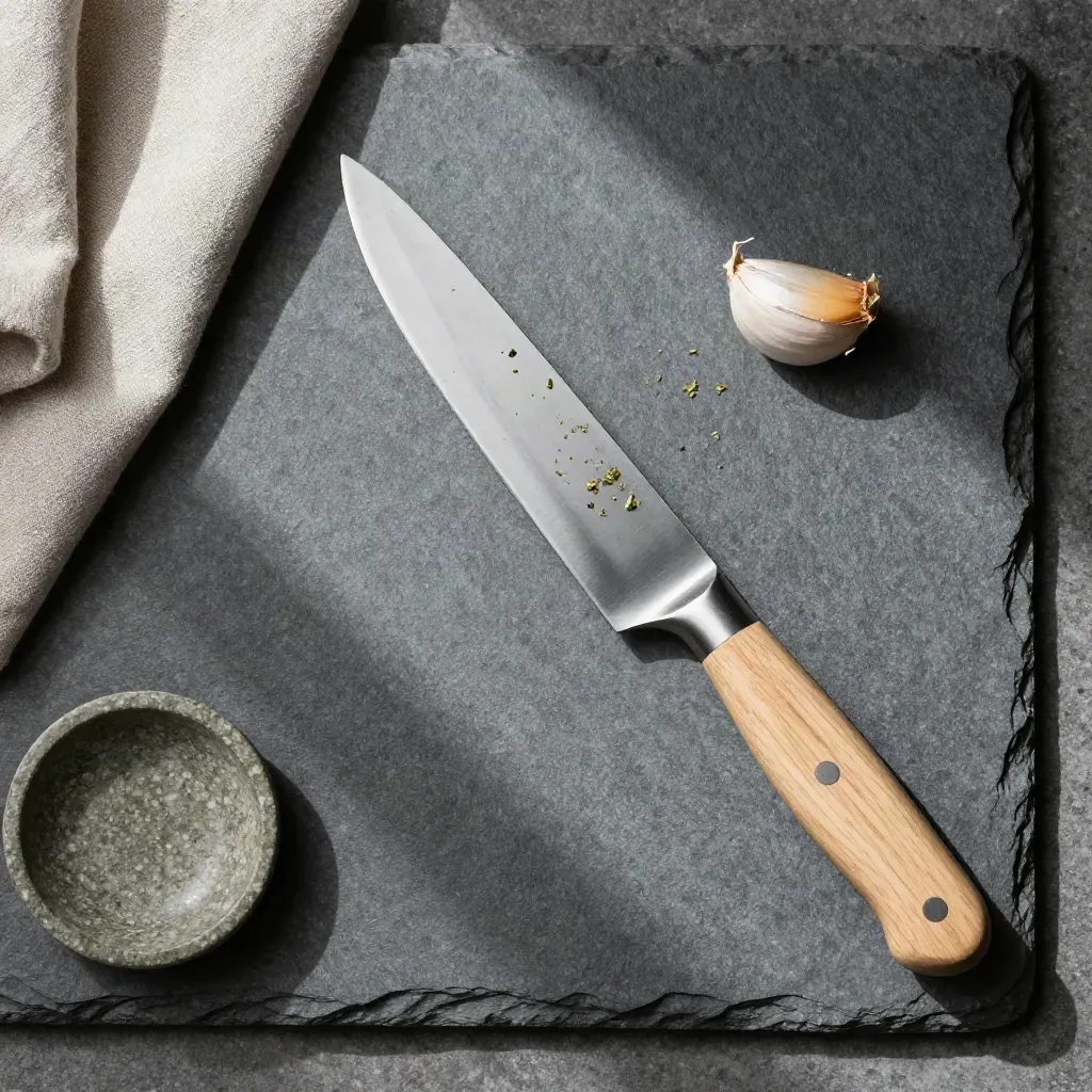 Cuchillo de chef con ajo, paño oliva y cuenco de piedra sobre losa de piedra, en cenital.