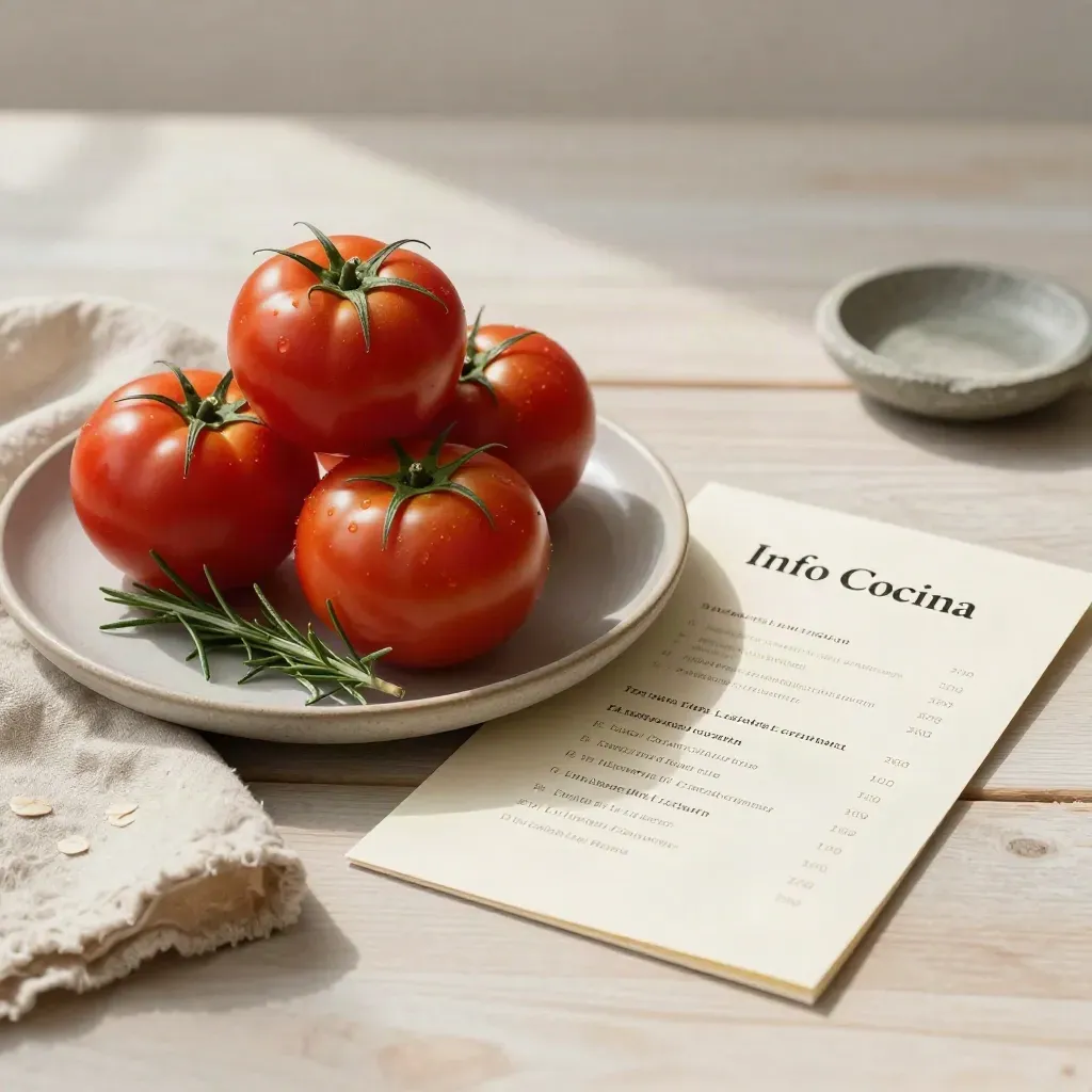 Plato cerámico con tres tomates, romero y paño plegado sobre madera clara, luz suave de mañana.