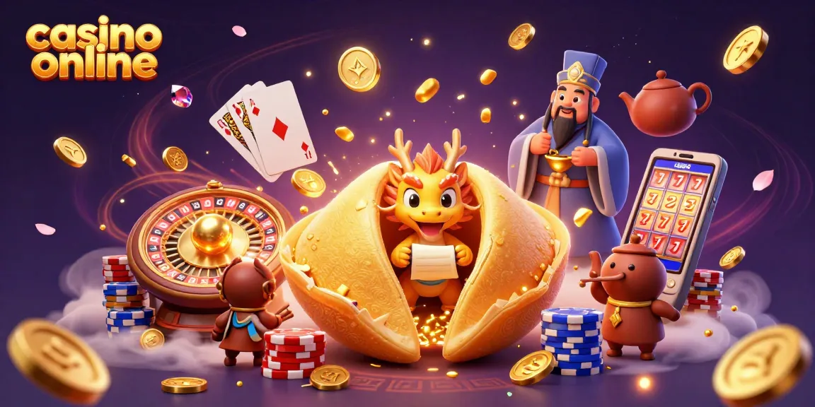 Disfruta de la magia del casino online con un dragón sabio y una galleta de la fortuna en un colorido escenario.
