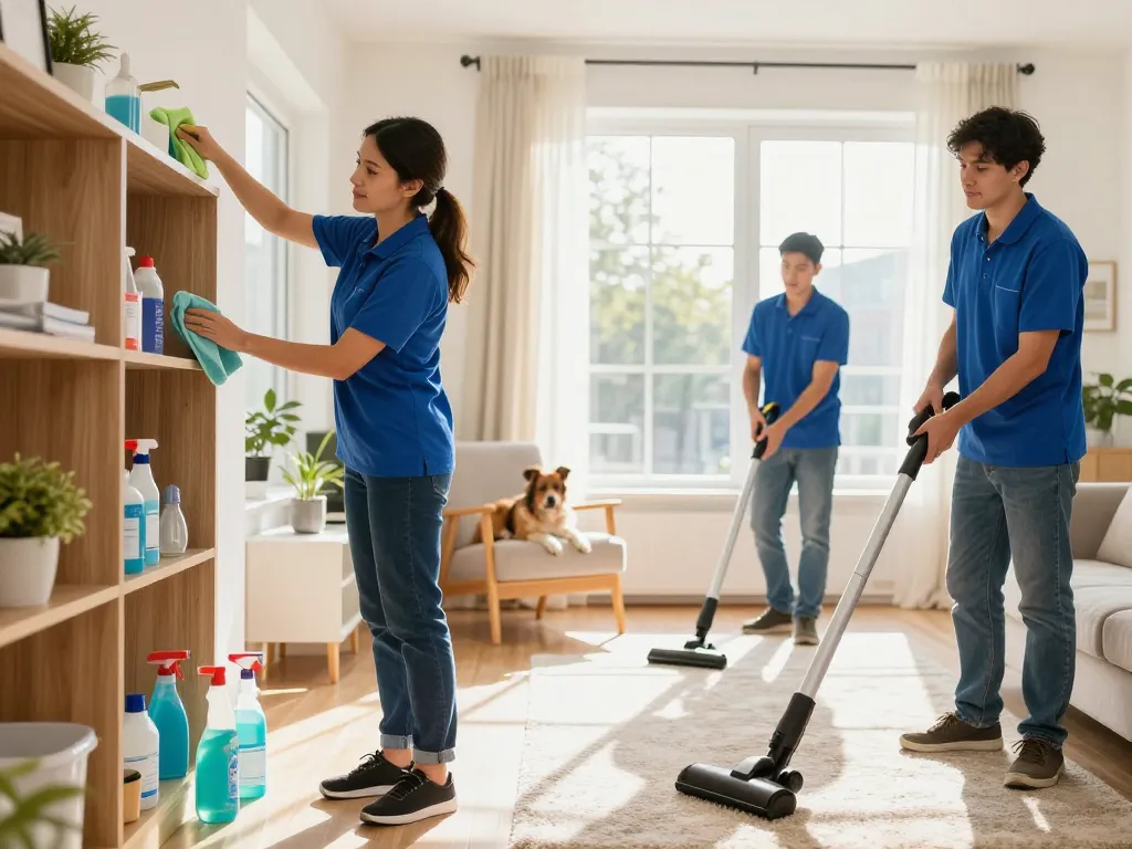 Profesionales del hogar transformando un espacio acogedor con servicios de limpieza y luz del sol que entra.