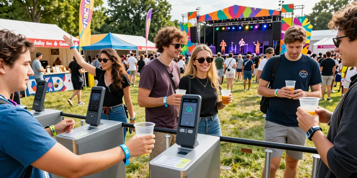 Engaged festival attendees using pulseras NFC para festivales for seamless access and cashless payments.