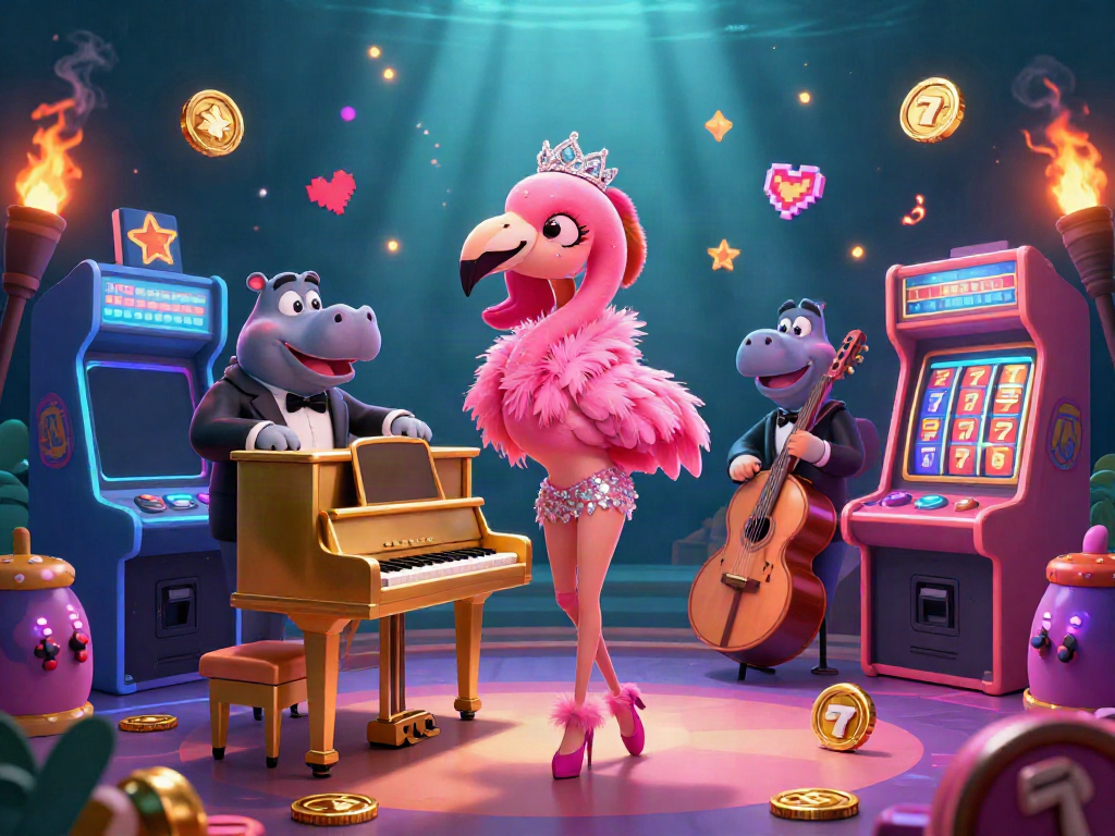 Experience a vibrant sonclub scene with a singing flamingo, a tuxedoed hippo, and various casino games