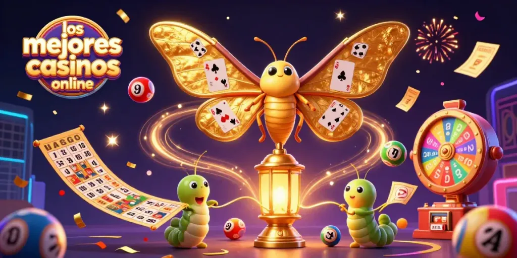 Los mejores casinos online presentan una ilustración vibrante de una polilla reina con detalles dorados y escenas de juego