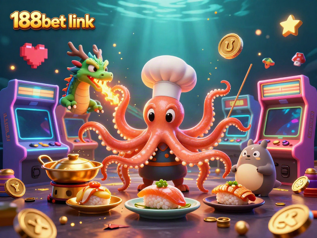 Engage with the vibrant 188bet link scene featuring a sushi chef octopus and gaming elements.